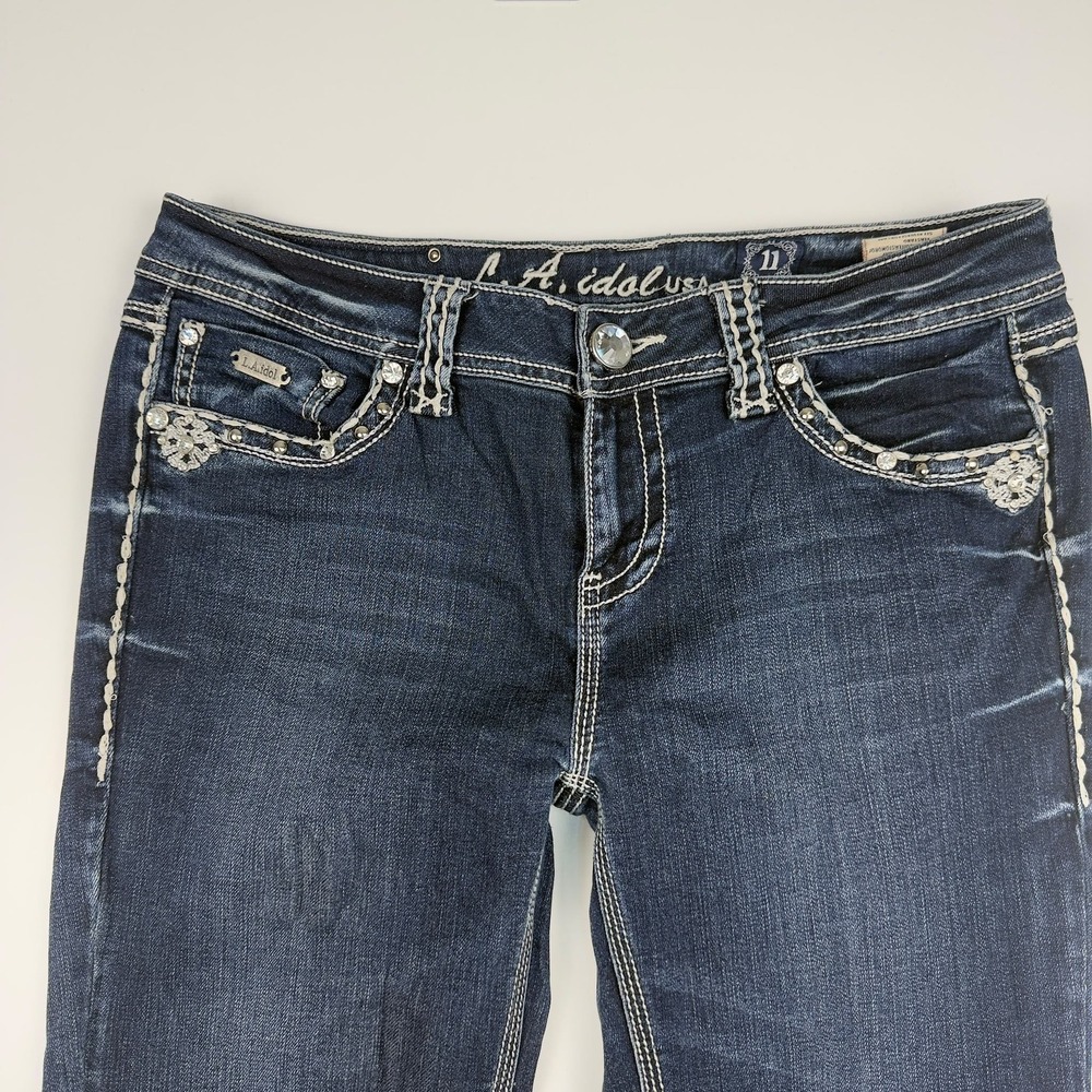 Y2K L.A. Idol USA Jeans Size 11 W33 L31.5 Rhinestone Fleur De Lis Bling Denim - Picture 5 of 14